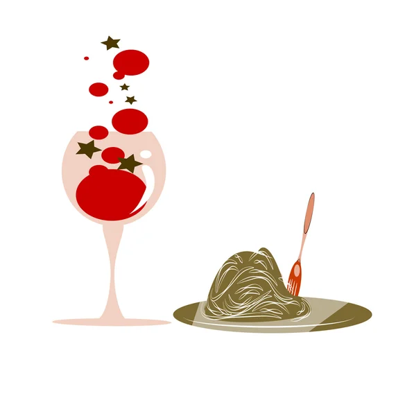 Бокал вина с вкусной тарелкой спагетти — стоковый вектор
