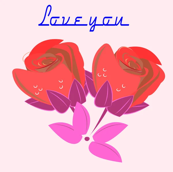 Amor expresado con un par de rosas rojas y texto azul . — Vector de stock