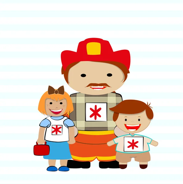 Volunteering by children and firefighter — Stock Vector