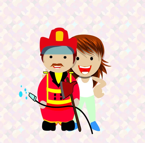 Mujer sonriente y bombero — Vector de stock