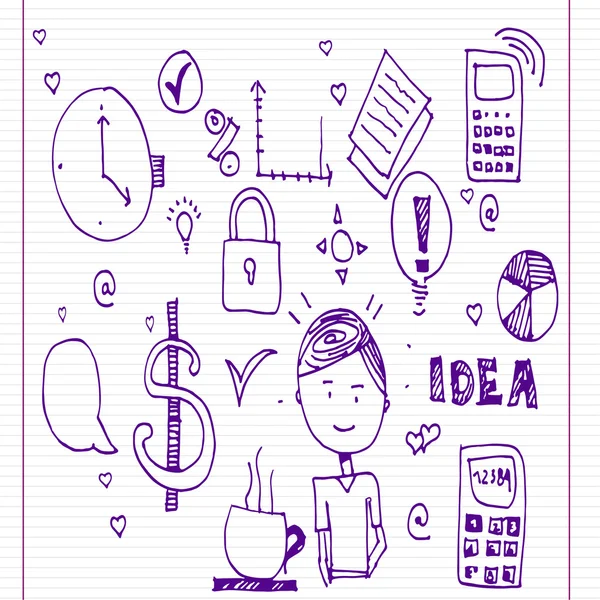 Doodles doodles de atividades comerciais diárias, e tecnologia — Vetor de Stock