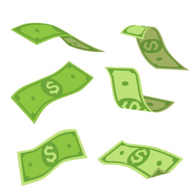 Çizgi film banknotları ve bozuk paralar. Yeşil dolar desteleri, desteler, desteler ve desteler. Uçan banknot ve düşen altın para. Banka nakit vektörü ayarlandı. Bir yığın para, para ve finans.