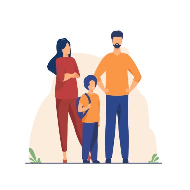 Family with one child with a backpack. Full-length figures.