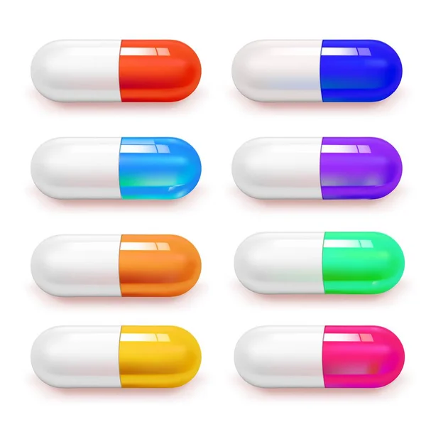 Vettore Realistico Colore Diverso Pillola Medica Icona Impostato Sfondo Bianco — Vettoriale Stock