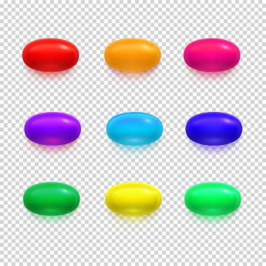 Haplar izole edilmiş 3 boyutlu gerçekçi vektör çizimi. Tıbbi ve sağlık hizmetleri konsepti. Eczacılık ilaçları. İlaçlar, besinler, probiyotikler, ağrı kesiciler, antibiyotikler. Vektör illüstrasyonu