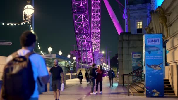 ロンドン 2021年9月14日 ロンドン アイとカウンティ ホールの間のサウスバンク クイーンズ ウォークのカラフルなライトアップされた夜のシーン — ストック動画