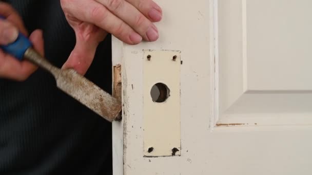 Man Hands Use Rusty Chisel Make Hole Door Lock Aged — Stock Video