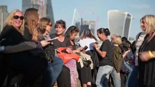 ロンドン 2022年9月14日 太陽の下でエリザベス女王2世の座につく人々 ロンドンのスカイラインを背景に — ストック動画