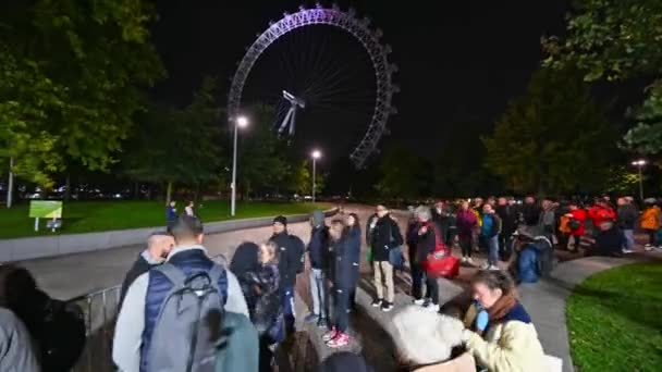 ロンドン 2022年9月17日 運動タイムラプス女王エリザベス2世が国家に横たわっているのを見るために夜にジュビリー公園に行列を作っている人々の ロンドン アイを背景に — ストック動画