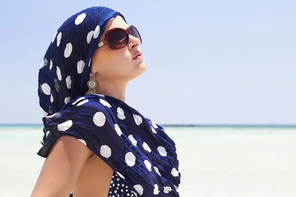 Beautiful woman on beach.arabian style. your text here — Stock Photo, Image