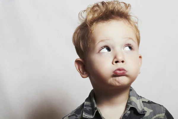 Child. funny little boy. close-up. joy. 4 eyers old. military shirt — Stock Photo, Image