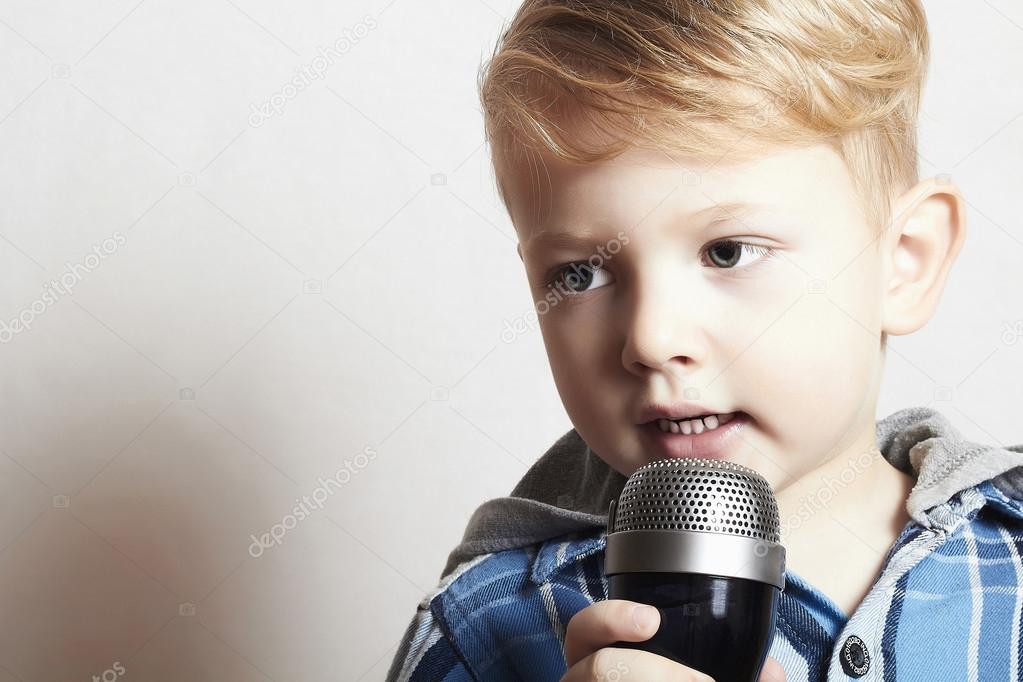 Little Boy Singing In Microphone Child Karaoke Fashion Haircut