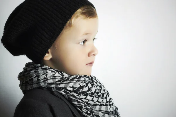 Fashionable little boy in scarf and cap.winter style children — Stock Photo, Image