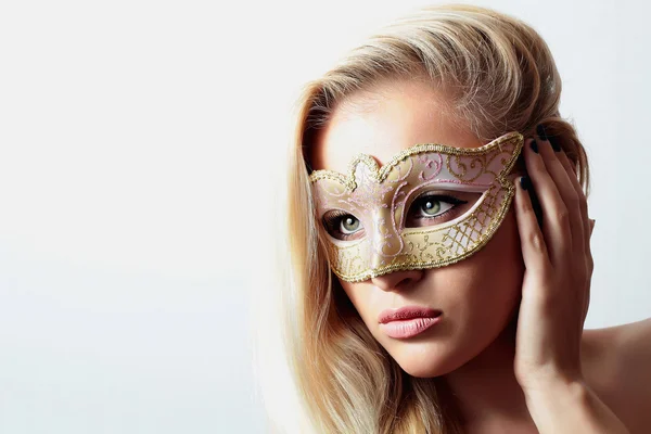 Beautiful Blond Woman in a Carnival Mask.Masquerade. Sexy Girl — Stock Photo, Image