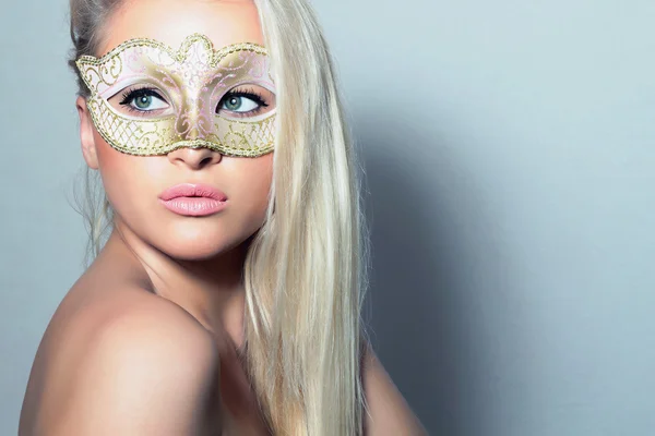 Beautiful Blond Woman in Carnival Mask. Holiday Masquerade. Sexy Girl — Stock Photo, Image