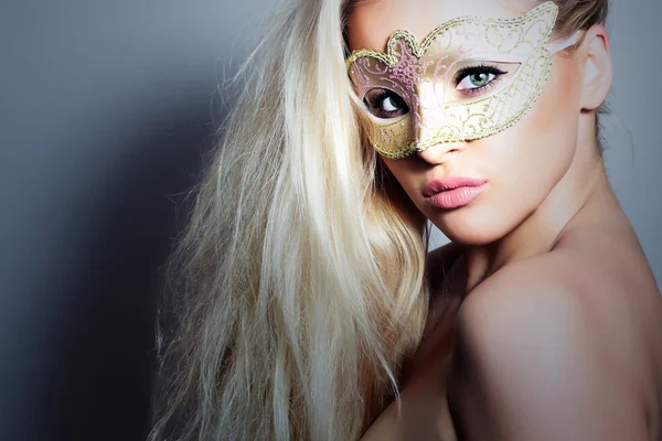 Beautiful Blond Woman in Carnival Mask.Masquerade. Sexy Girl — Stock Photo, Image