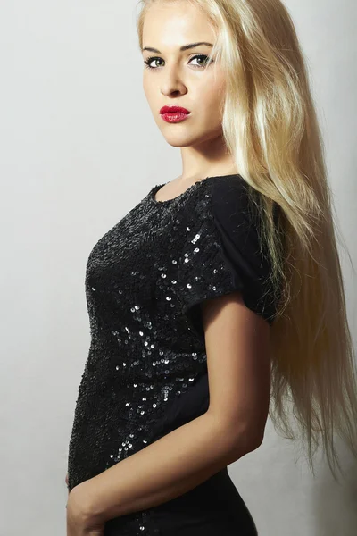 Fashionable Beautiful Blond Woman with Red Lips. Beauty Sexy Girl. Black Dress — Stock Photo, Image