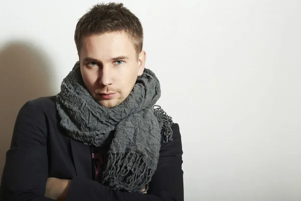 Fashionable Handsome Man in Scurf. Stylish Boy with Blue Eyes. Casual Winter Fashion — Stock Photo, Image