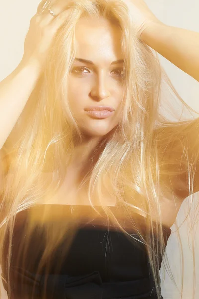 Beautiful Blond Woman. Beauty Sexy Girl in Black Dress — Stock Photo, Image