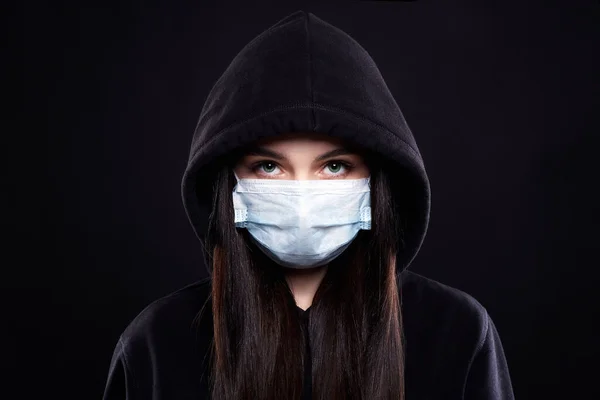 Mujer Máscara Capucha Chica Medicina Máscara Sudadera Con Capucha Epidemia — Foto de Stock