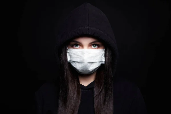 Mujer Máscara Capucha Chica Medicina Máscara Sudadera Con Capucha Epidemia — Foto de Stock