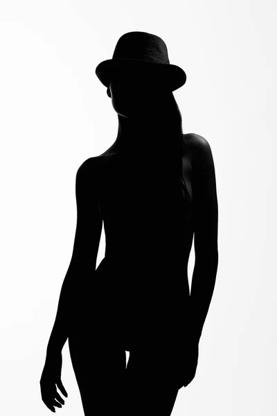 女性のシルエット 若いセクシーな女体 帽子の裸の女の子 黒と白の輪郭 — ストック写真