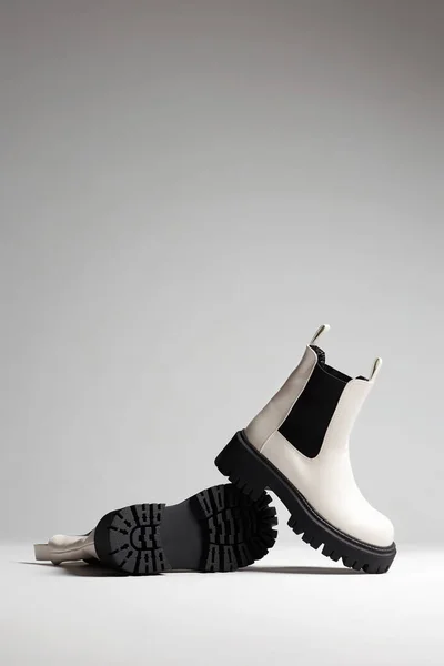 White Trendy Boots Fashion Female Shoes Still Life Stylish Chelsea — Stock Photo, Image