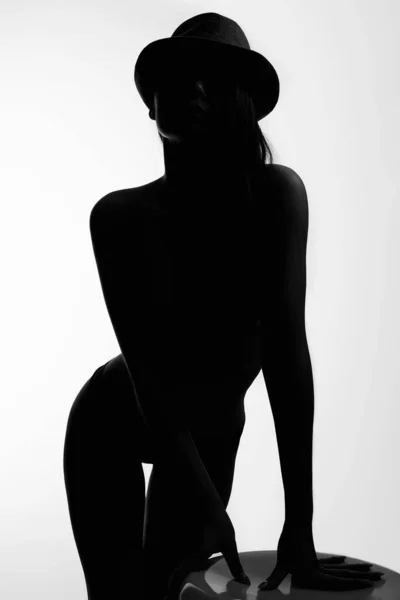 Female Silhouette Young Sexy Woman Body Naked Girl Hat Black — Stock Photo, Image