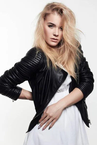 Fashionable Beautiful Woman Blond Hair Leather Coat Pretty Girl — Stock Photo, Image