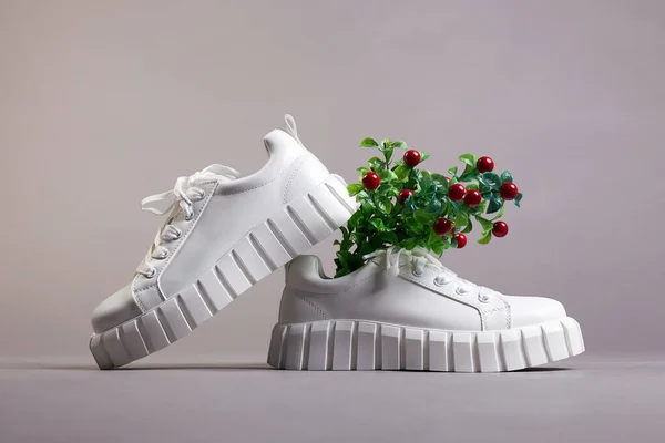 White Sneakers Branch Berries Fashion Shoes Still Life Art Photo — Stock Photo, Image