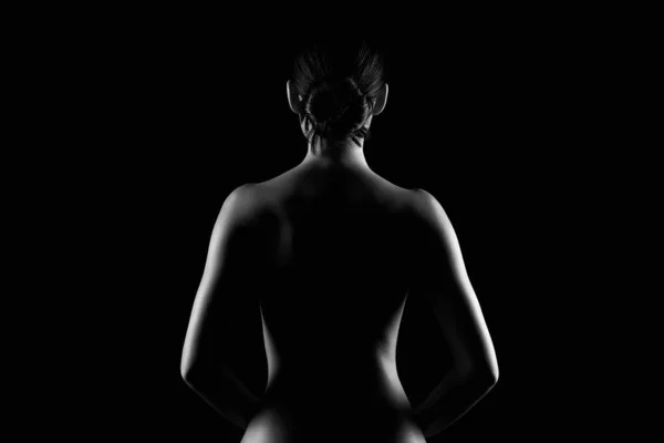 背骨の女性のシルエット 裸の女 暗闇の中で官能的な女の子 美しい背中 — ストック写真