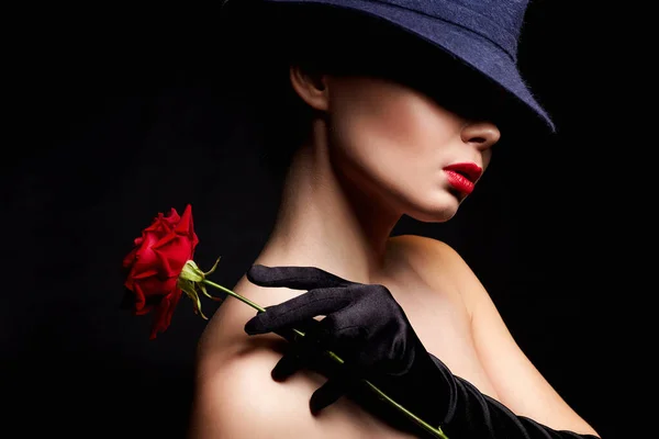 Beautiful Young Woman Hat Flower Lovely Girl Make Red Rose — Stockfoto