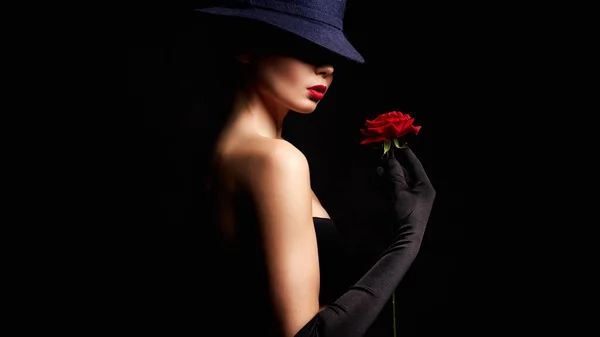 Beautiful Young Woman Hat Flower Lovely Girl Weared Gloves Holding — Stockfoto