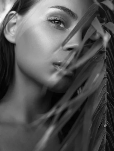 아름다운 야자수 아래있는 아가씨 흑백의 — 스톡 사진