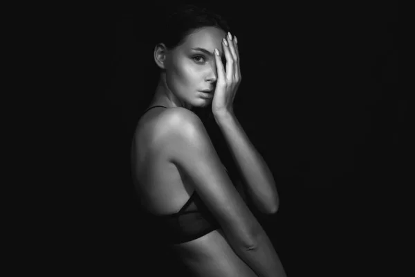 Beautiful Naked Girl Black Studio Young Woman Underwear — Fotografia de Stock