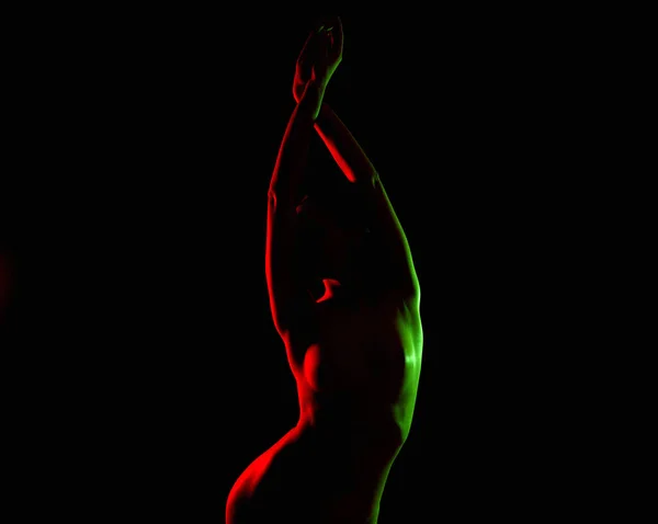 Nahá Žena Silueta Barevných Světlech Elegantní Sexy Pózování Dívka Tmavém — Stock fotografie