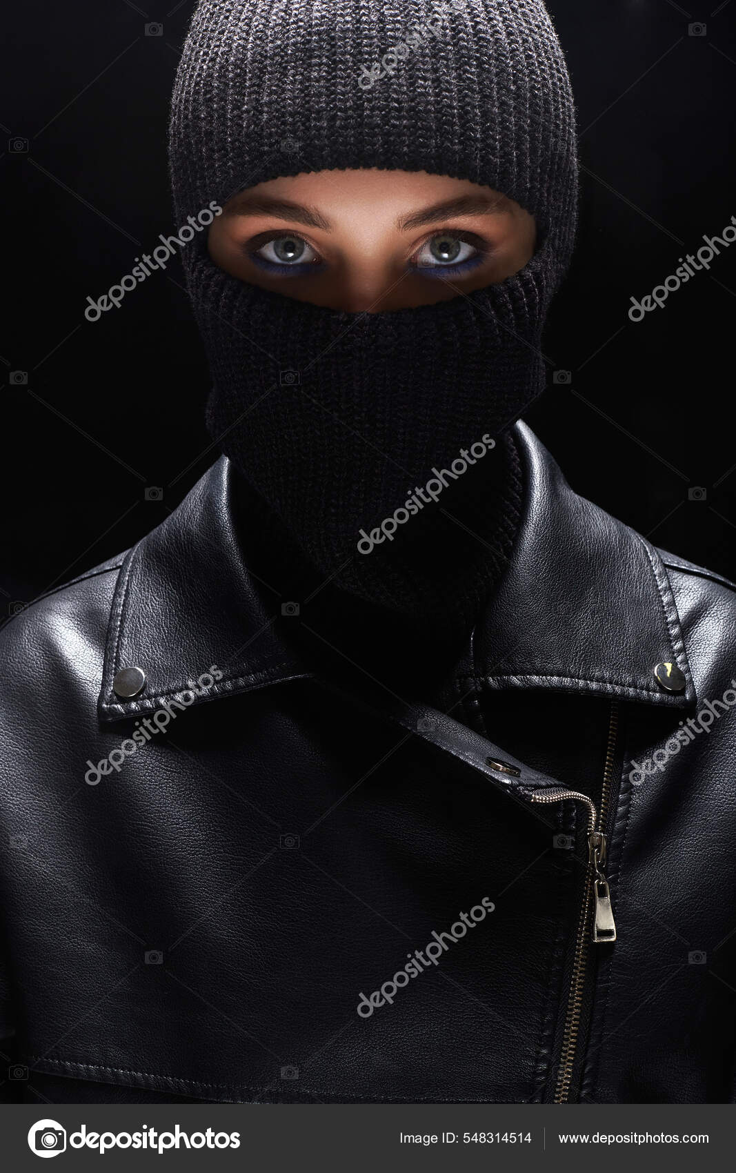 Fashionable Girl Black Balaclava Leather Coat Trendy Mask