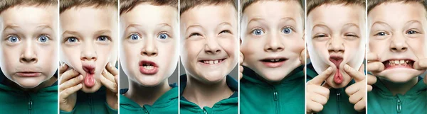 Funny boy different faces. funny child collage. grimace emotion kid collection