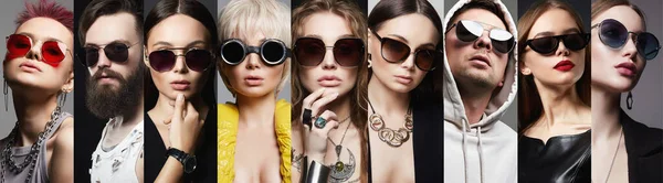 Beauty Fashion collage. People in Sunglasses	. Summer glasses on boys and girls