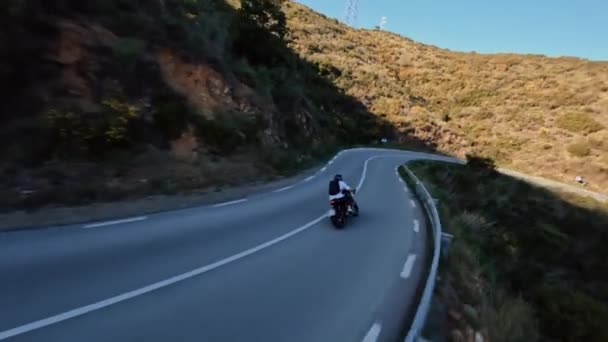 Fast Motorcycle Riding Serpentine Road Filmed Fpv Drone High Speed — Video