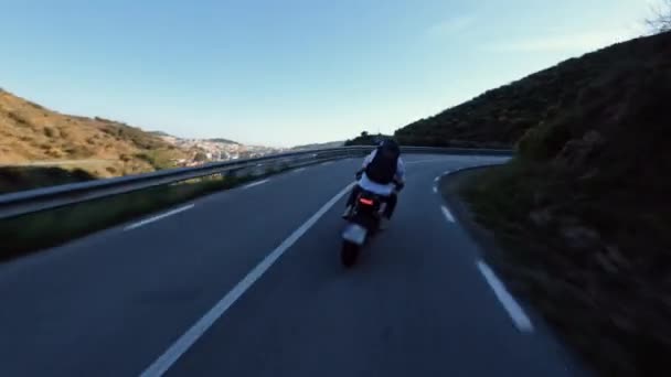 Fast Motorcycle Riding Serpentine Road Golden Hour Driver White Long — Stok video