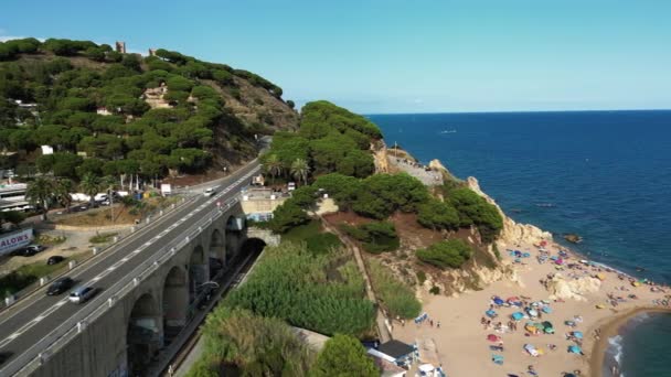 Aerial View Cala Roca Grossa Beach Calella Province Catalonia Spain — Stockvideo