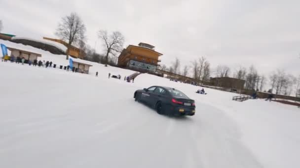 Fpv Drone Shot White Car Drifting Ice Hockey Arena Drone — Video Stock