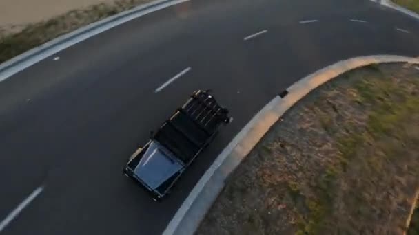 Gray Stylish Suv Motorcycle Back Driving Roundabout Beautiful Sunset Cinematic — Stockvideo