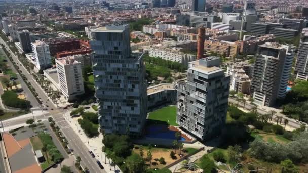 Aerial View High Building Diagonal Mar Barcelona Spain Aug 2022 — Stock Video
