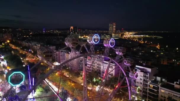 Aerial View Colorful Night Leisure Park Barcelonetta Night Attraction Amusement — Stock Video