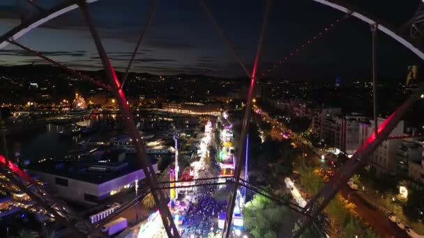 Aerial View Colorful Night Leisure Park Barcelonetta Night Attraction Amusement — стокове відео