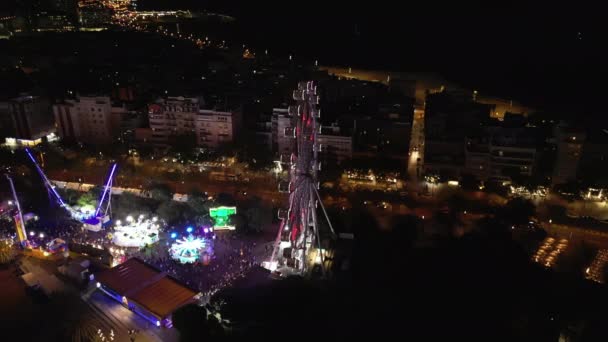 Widok Lotu Ptaka Kolorowy Nocny Park Rozrywki Barcelonetcie Night Attraction — Wideo stockowe