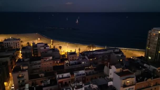 Night Aerial Shot Barcelonetta Beach Flying Dark Blue Sae Barcelonetta — Stock Video