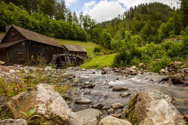 Dağlarda küçük bir evi olan güzel bir dağ manzarası.